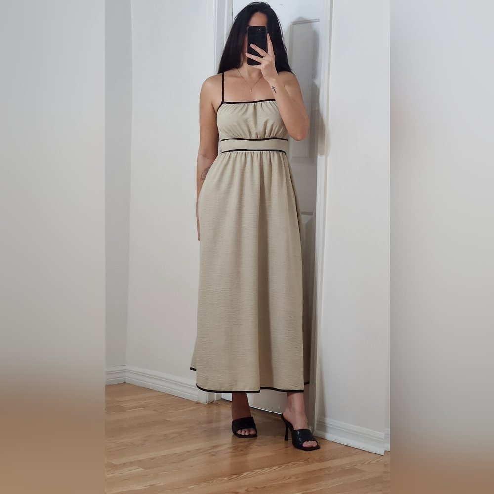 Beige Maxi Dress with Black Trim